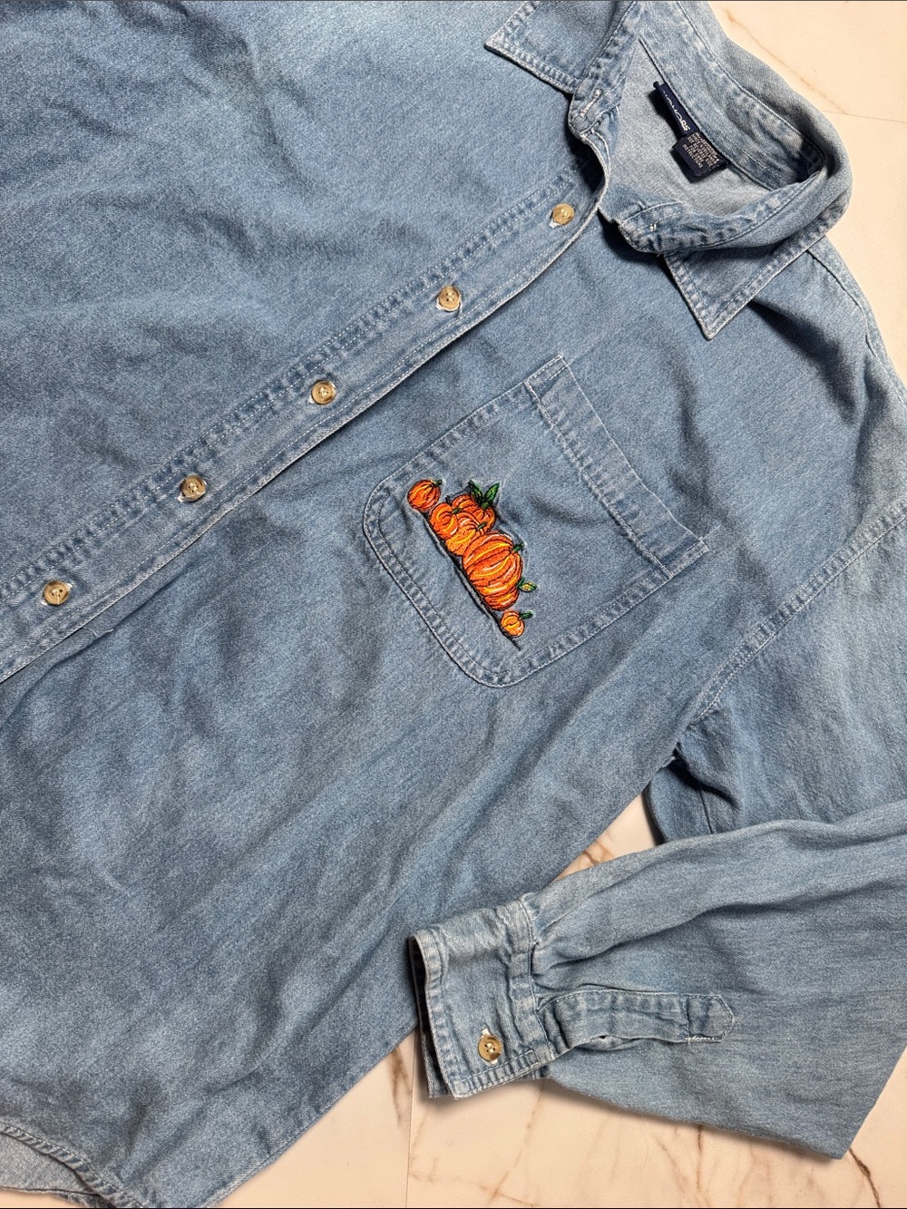 Vintage Y2K Honors Embroidered Pumpkin Button Front Long Sleeve Jean Shirt Sz M